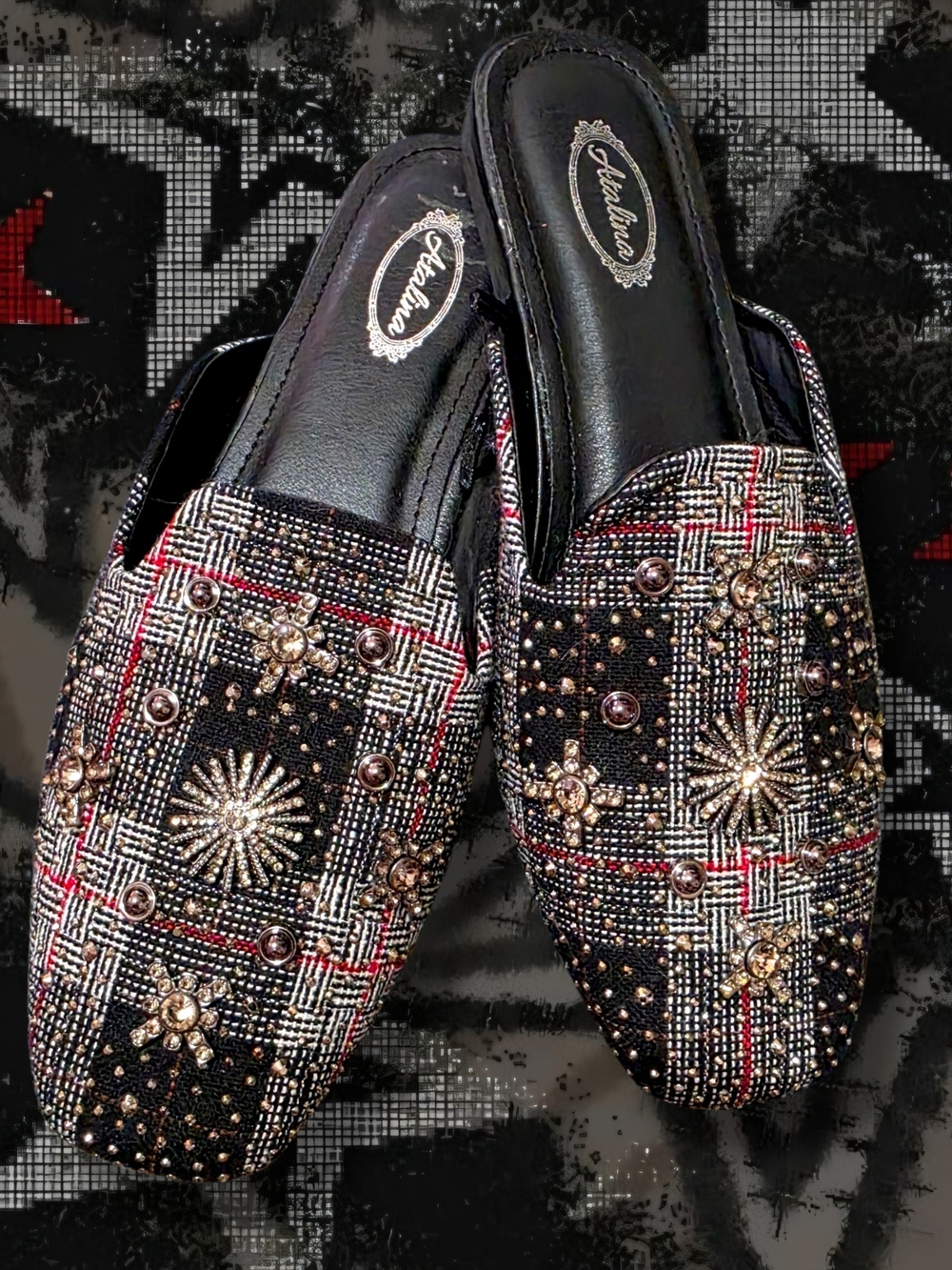 Beaded Plaid Slip-On Mules in Black and Red by Ashanti